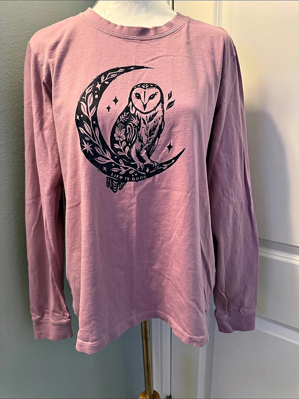 Life is Good Women's Floral Owl on Moon Long Sleeve Crusher Tee Pink Large